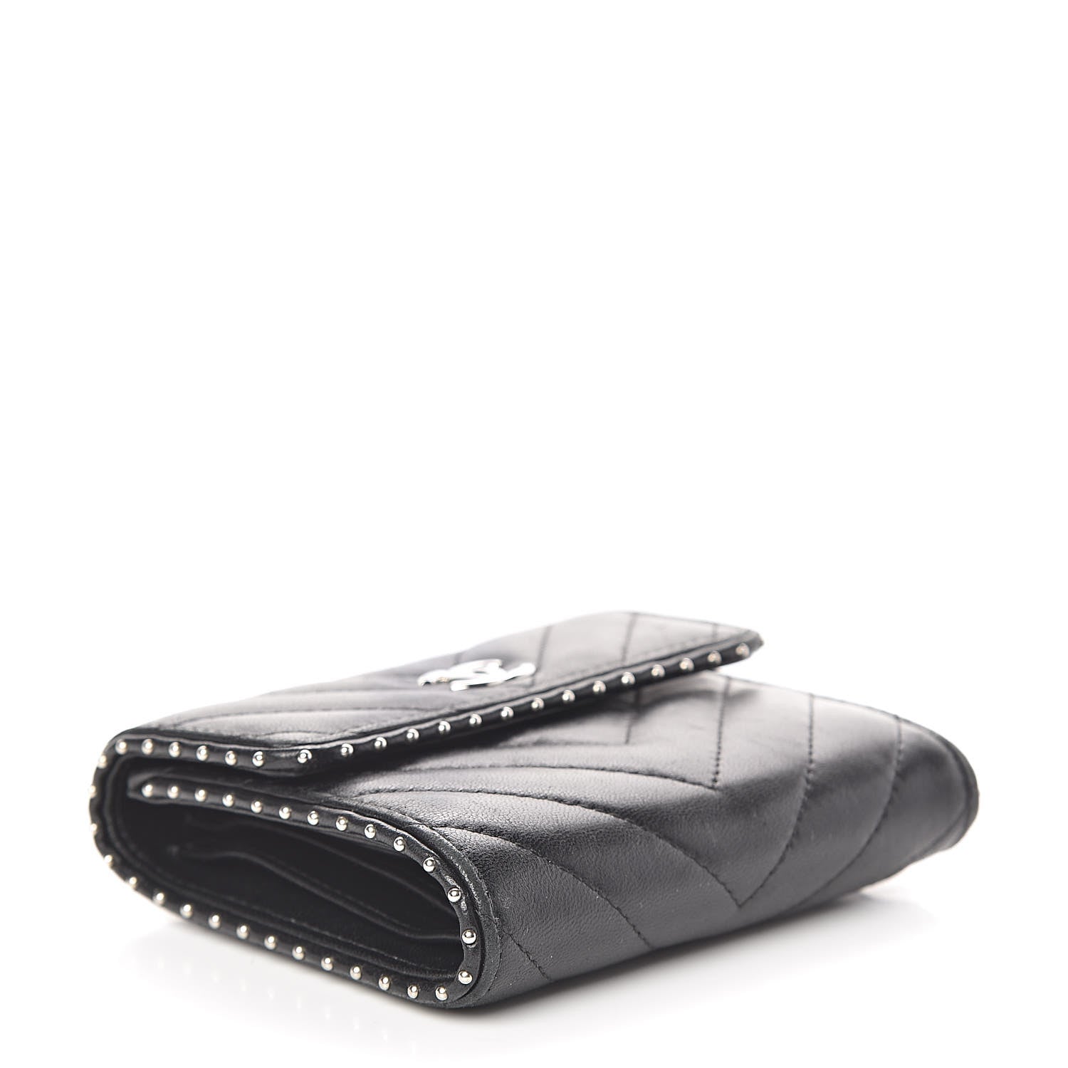 Chanel Lambskin Chevron Quilted Studded Compact Flap Wallet Black 4 of 12
