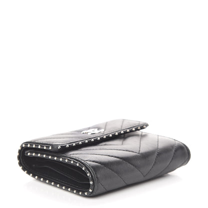 Chanel Lambskin Chevron Quilted Studded Compact Flap Wallet Black 4 of 12