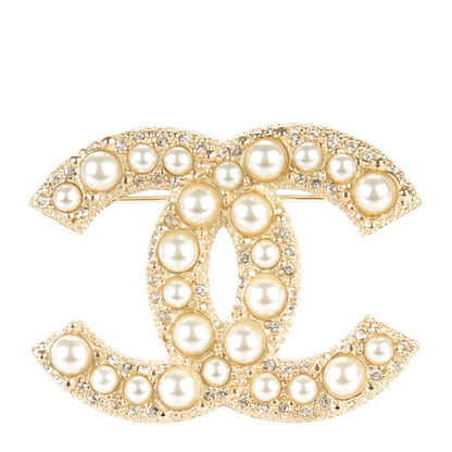 Chanel Pearl Crystal CC Brooch Gold 1 of 5