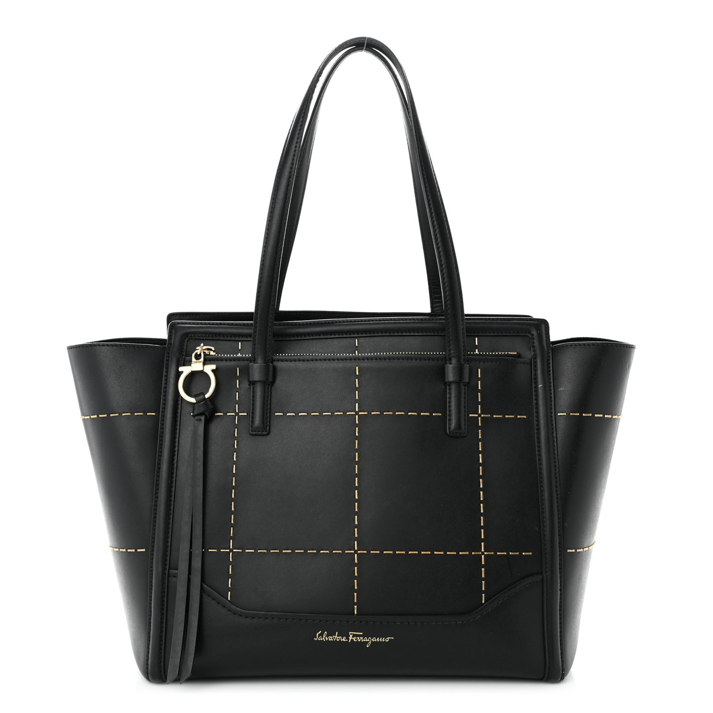 Calfskin Stitched Double Handle Medium Amy Tote Black