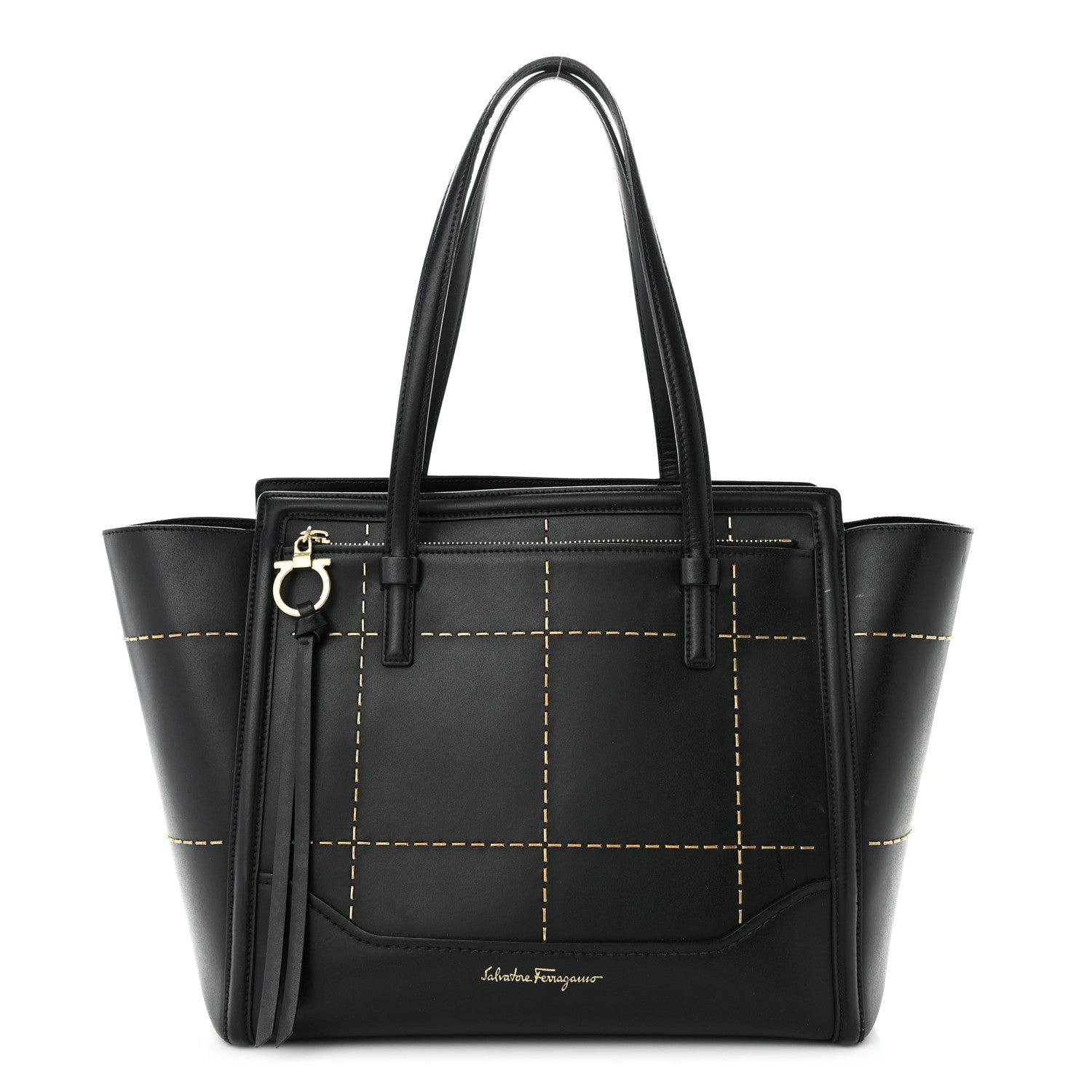 Salvatore Ferragamo Calfskin Stitched Double Handle Medium Amy Tote Black 1 of 13