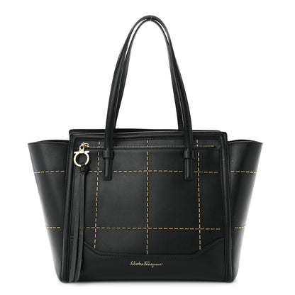 Salvatore Ferragamo Calfskin Stitched Double Handle Medium Amy Tote Black 1 of 13