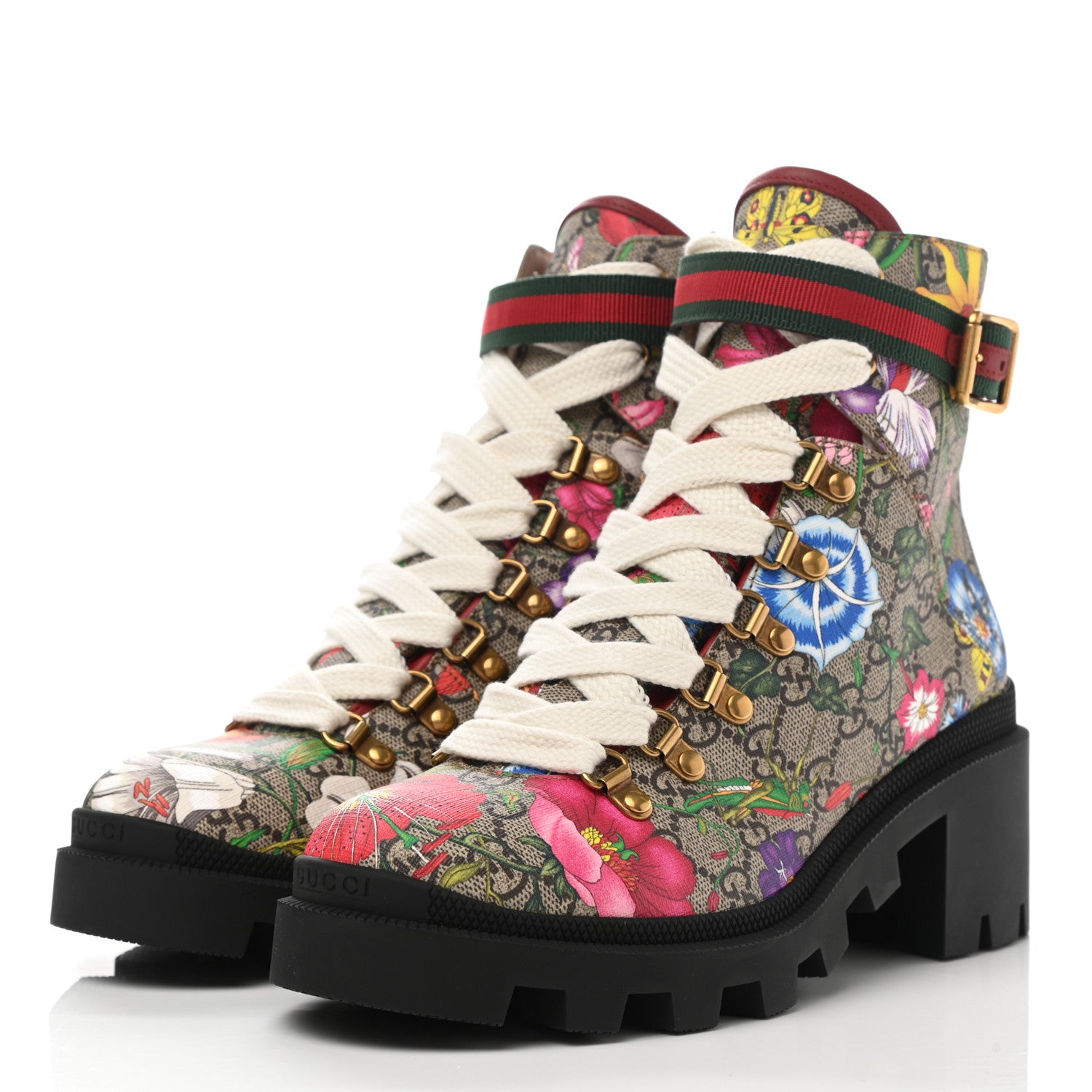 Gucci GG Supreme Monogram Flora Lace Up Combat Ankle Boots 38.5 Beige Multicolor Red 3 of 9