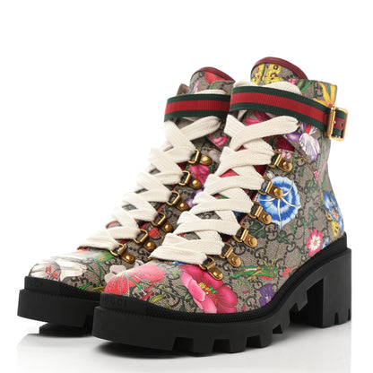 Gucci GG Supreme Monogram Flora Lace Up Combat Ankle Boots 38.5 Beige Multicolor Red 3 of 9