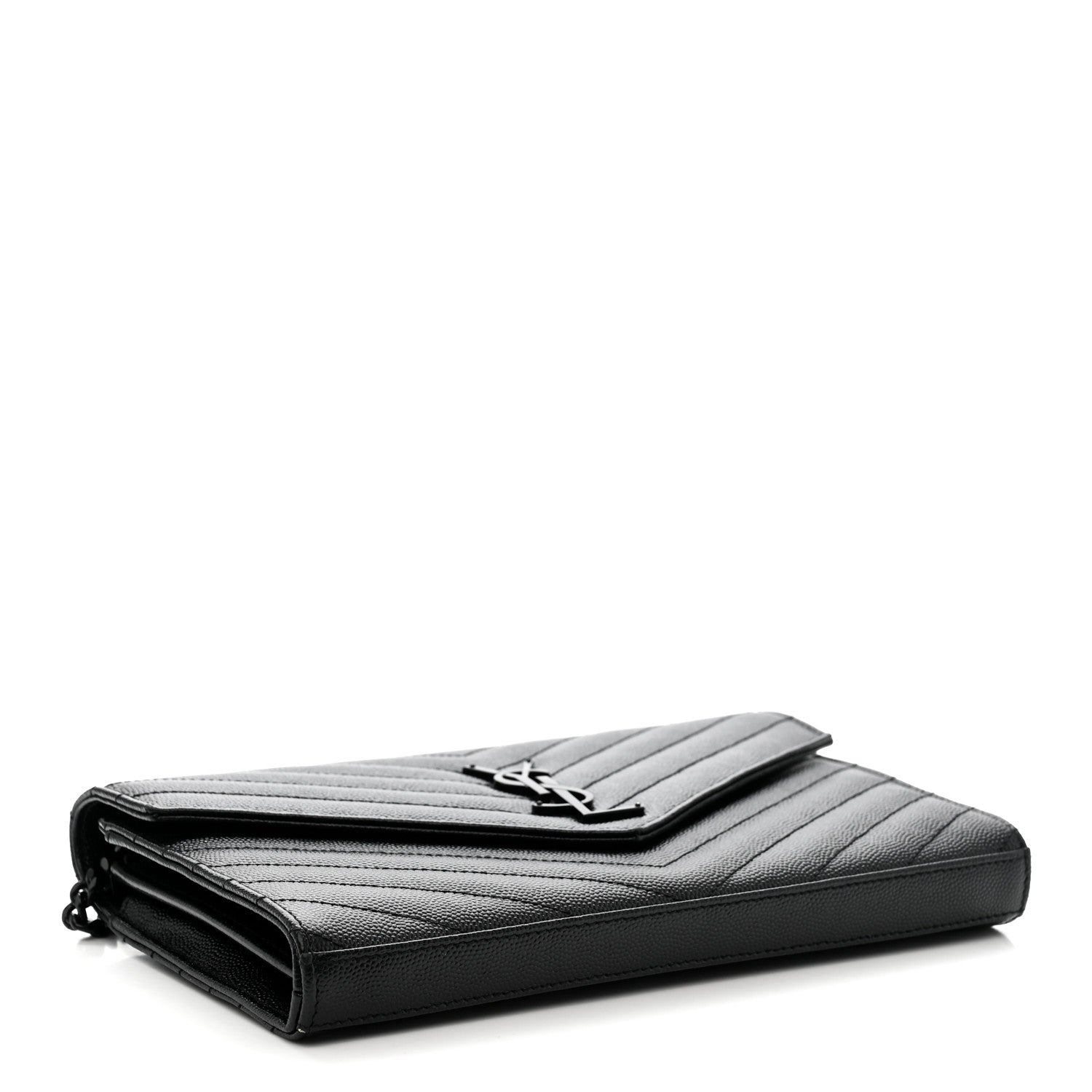 Saint Laurent Grain De Poudre Matelasse Chevron Monogram Monochrome Chain Wallet Black 4 of 10