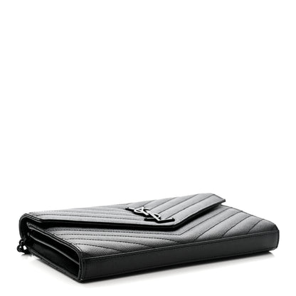 Saint Laurent Grain De Poudre Matelasse Chevron Monogram Monochrome Chain Wallet Black 4 of 10