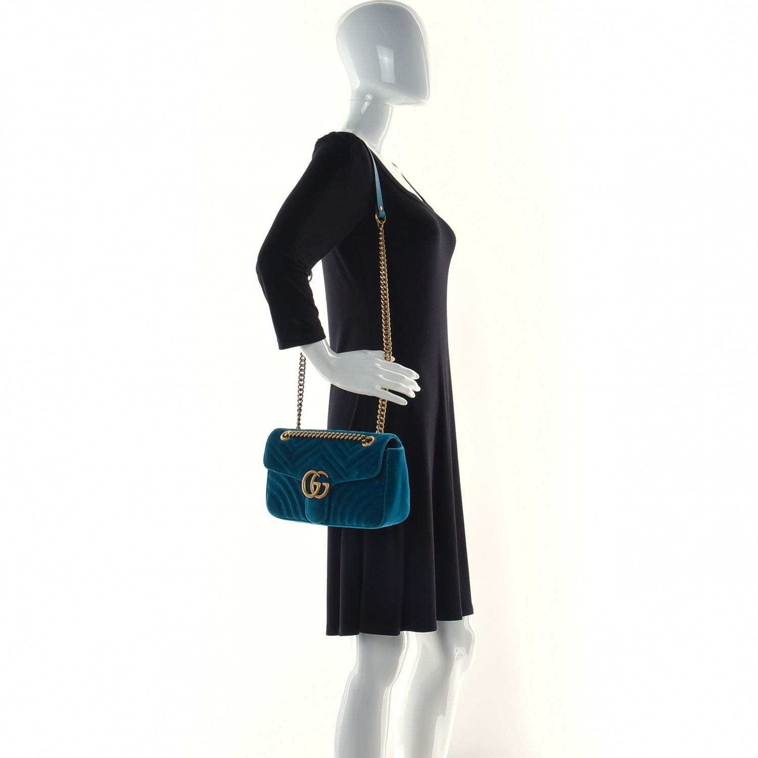 Gucci Velvet Matelasse Small GG Marmont Shoulder Bag Pavone Cyan 4 of 11