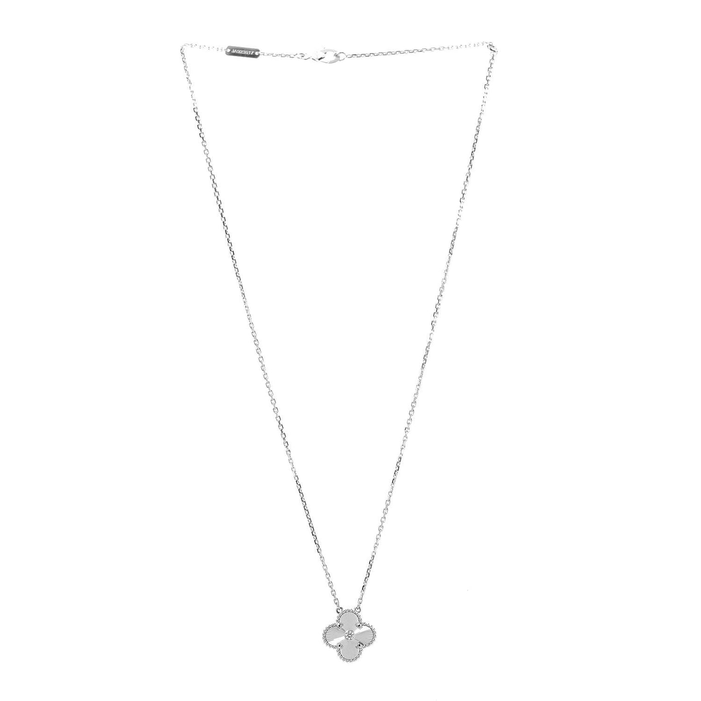 18K White Gold Diamond Guilloche Vintage Alhambra Pendant Necklace