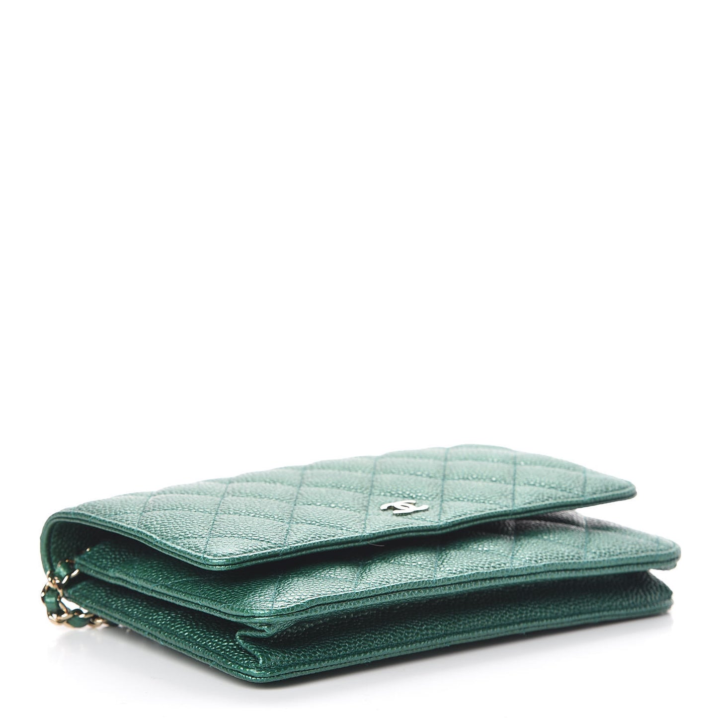 Metallic Caviar Quilted Wallet On Chain WOC Green