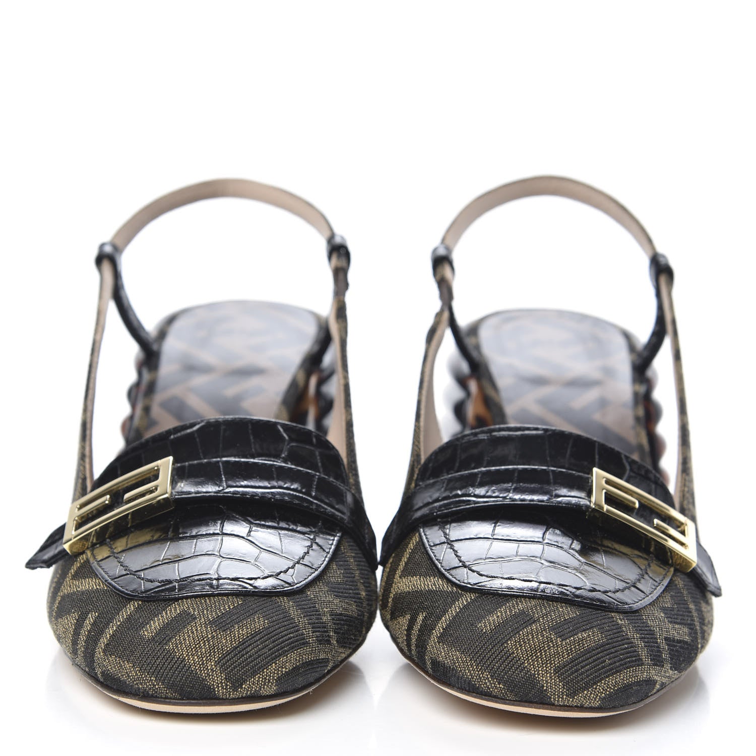 Fendi Jacquard Calfskin FF Tortoise Promenade Slingback Loafer Pumps 38.5 Tobacco 2 of 9