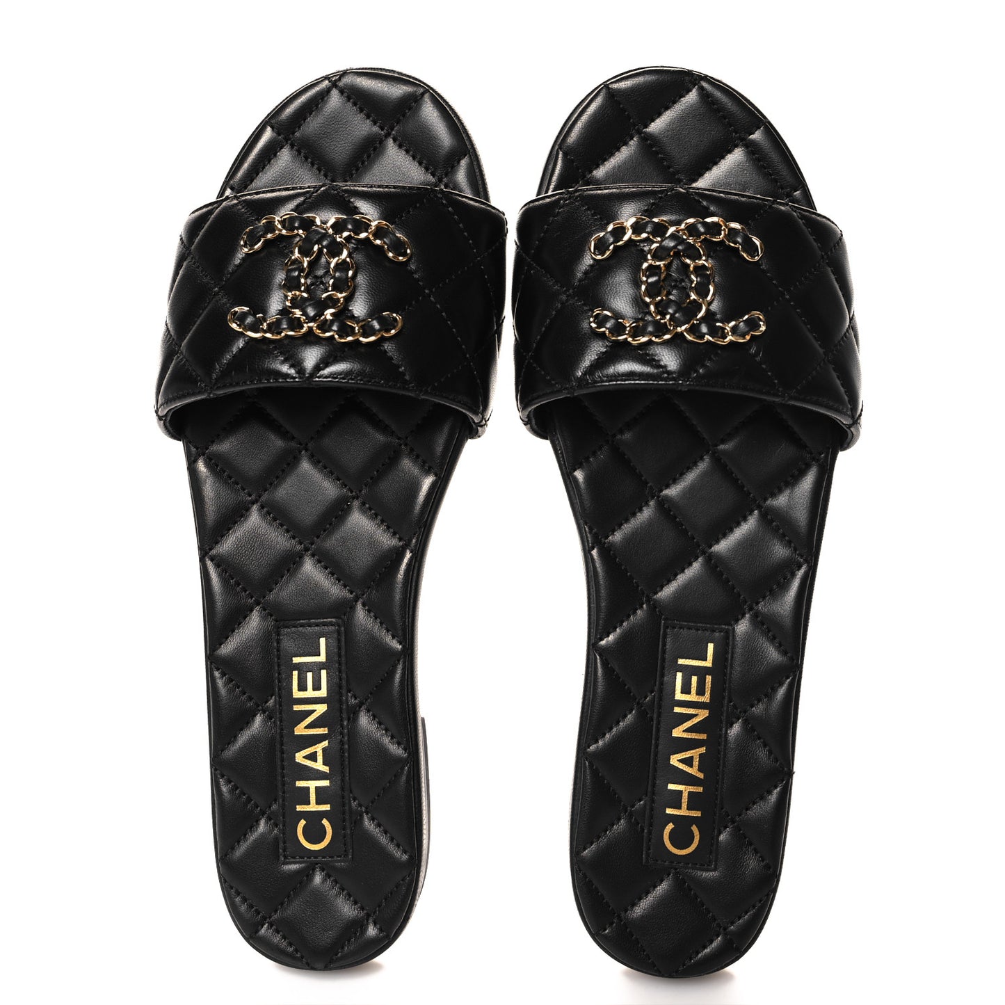 Shiny Goatskin Quilted CC Mules Sandals 37 Black