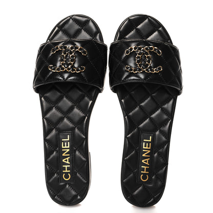 Chanel Shiny Goatskin Quilted CC Mules Sandals 37 Black 2 of 10