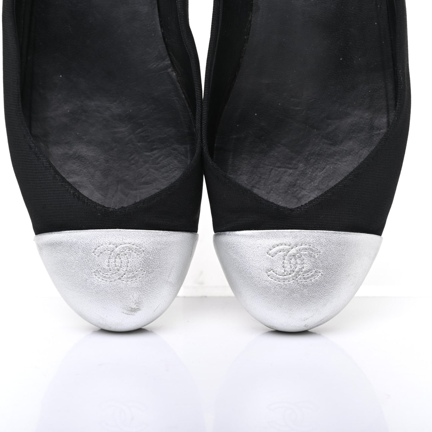 Grosgrain Metallic Lambskin Cap Toe CC Ballerina Flats 37.5 Black Silver