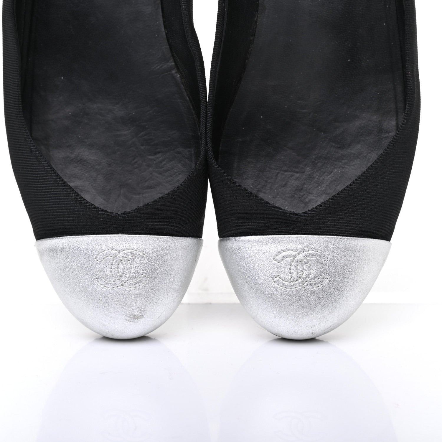 Chanel Grosgrain Metallic Lambskin Cap Toe CC Ballerina Flats 37.5 Black Silver 9 of 10