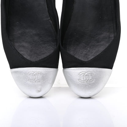 Chanel Grosgrain Metallic Lambskin Cap Toe CC Ballerina Flats 37.5 Black Silver 9 of 10