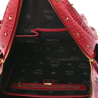 MCM Snakeskin Embossed Visetos Studded Medium Stark Backpack Red Pink 5 of 12