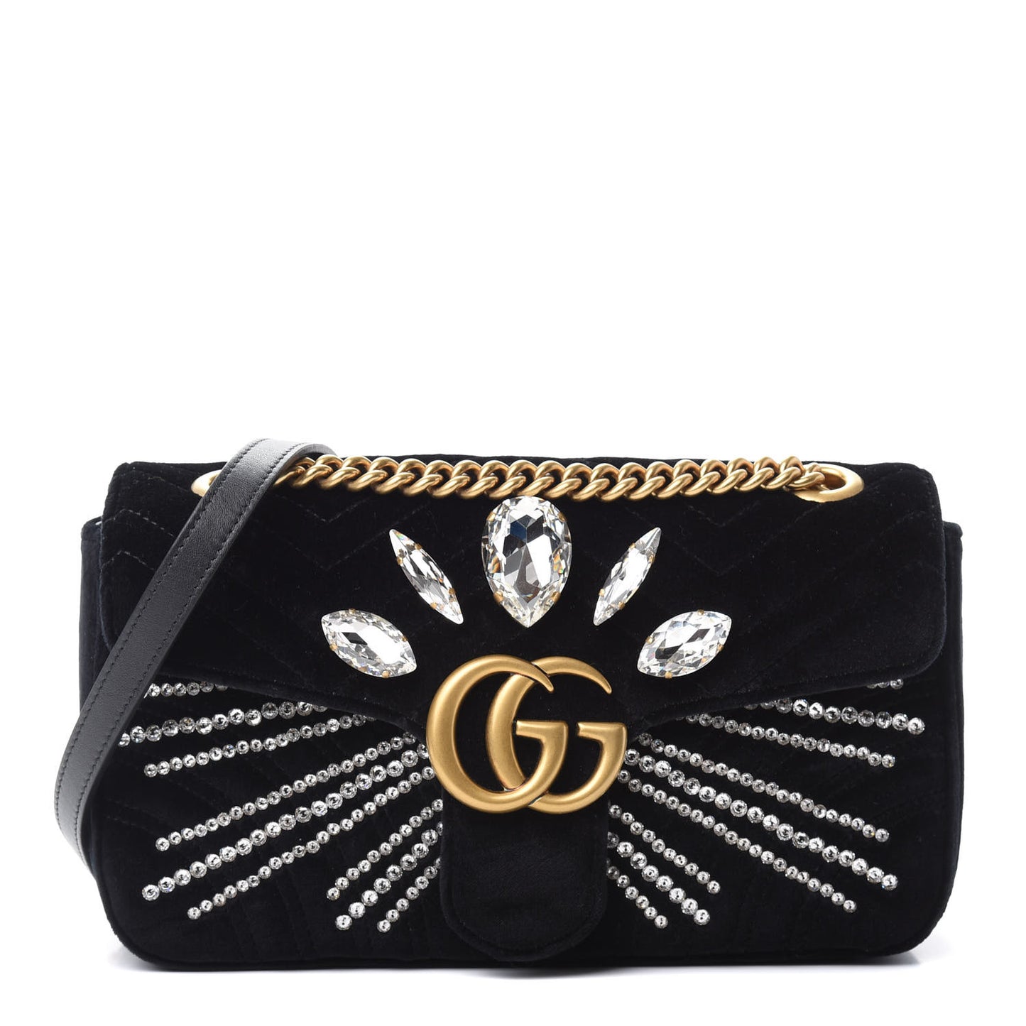 Velvet Matelasse Marquise Crystals Embroidered Small GG Marmont Shoulder Bag Black