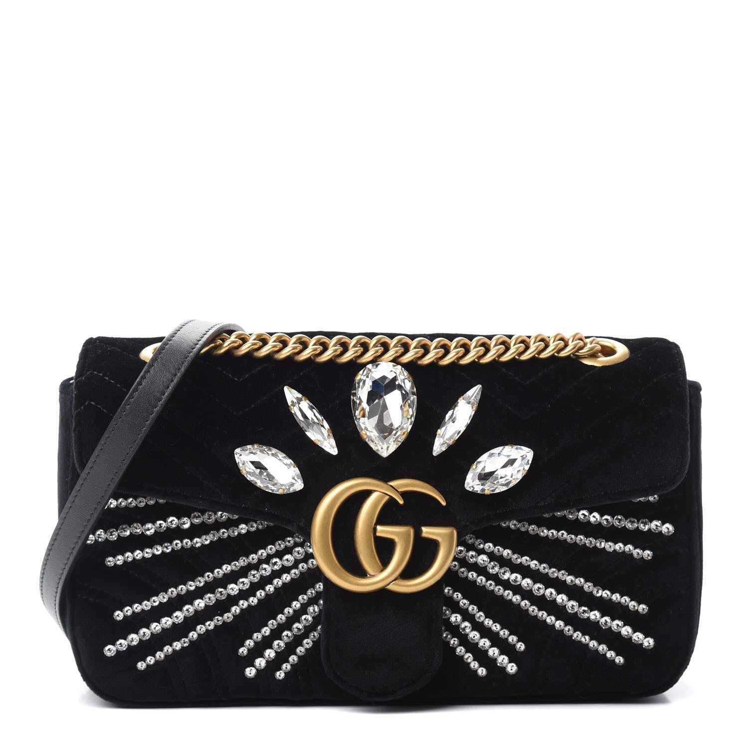 Gucci Velvet Matelasse Marquise Crystals Embroidered Small GG Marmont Shoulder Bag Black 1 of 10