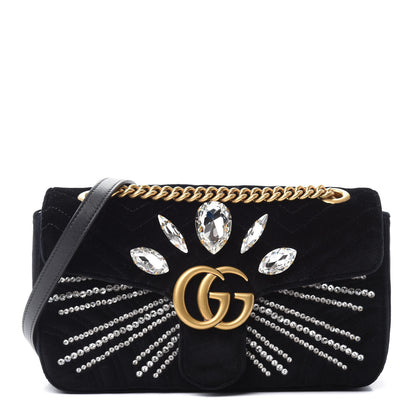 Gucci Velvet Matelasse Marquise Crystals Embroidered Small GG Marmont Shoulder Bag Black 1 of 10