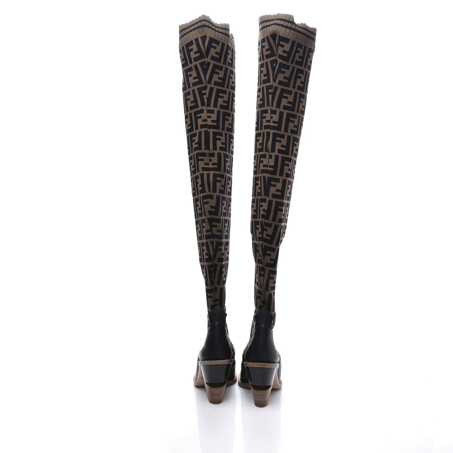 Fendi Stretch Fabric FF Cutwalk Thigh High Sock Boots 37 Tobacco Black 6 of 7