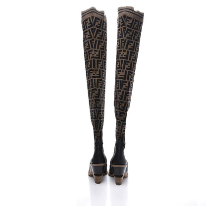 Fendi Stretch Fabric FF Cutwalk Thigh High Sock Boots 37 Tobacco Black 6 of 7
