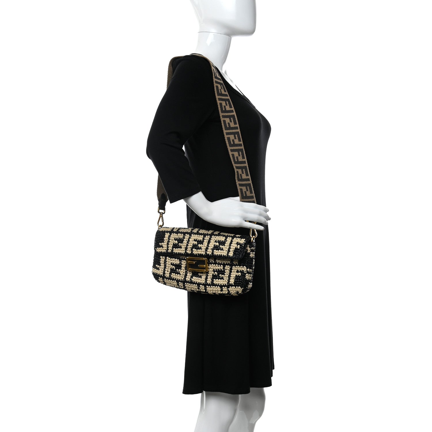 Fendi Raffia Vitello Dolce FF 1974 Crochet Baguette Black Natural 2 of 9