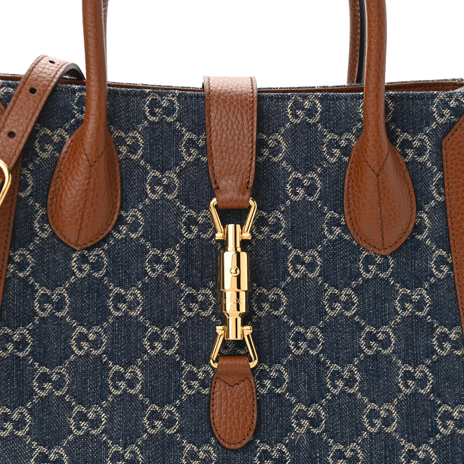 Gucci New Denim GG Monogram Dollar Calfskin Medium Jackie 1961 Tote Blue Tea Cuir Epilog 8 of 10