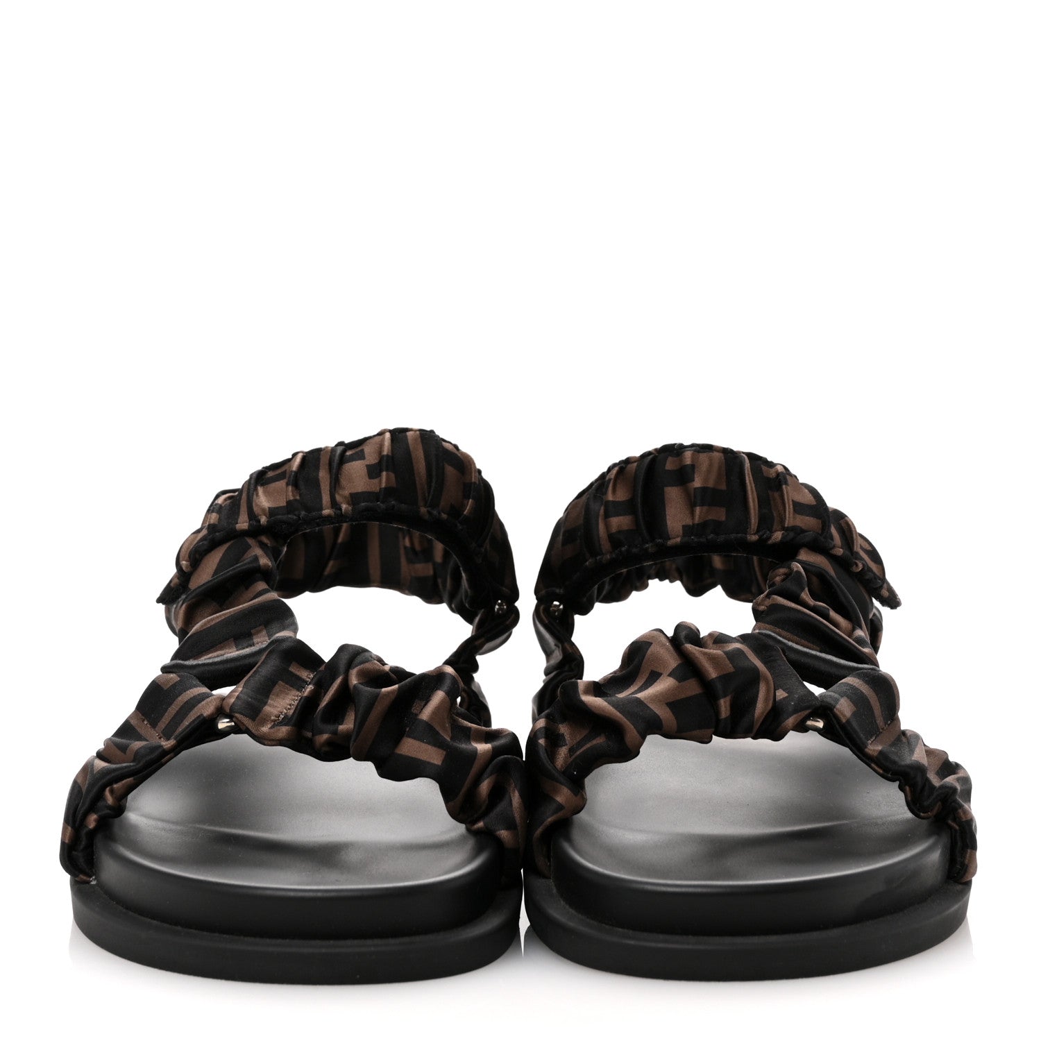 Fendi Satin FF Ruched Sandals 39.5 Tobacco Black 3 of 9