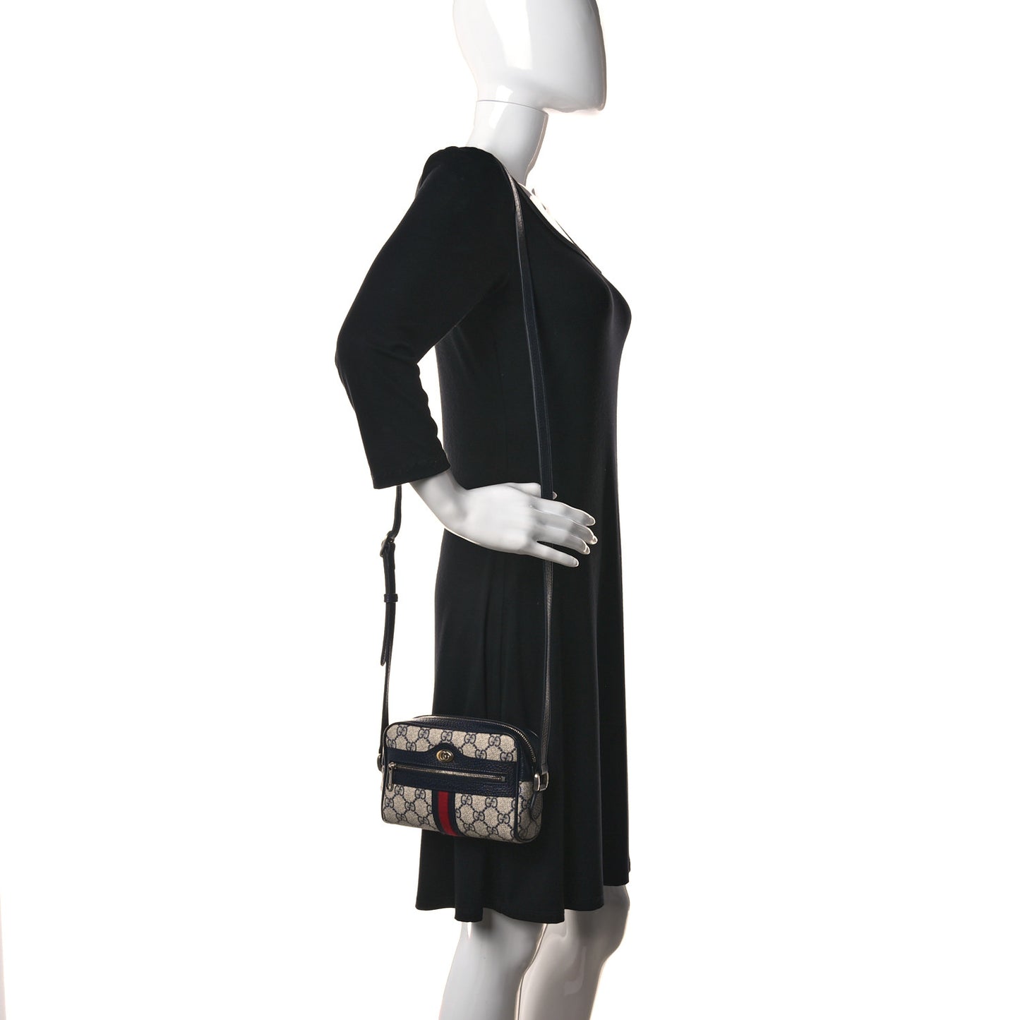 GG Supreme Monogram Textured Dollar Calfskin Web Mini Ophidia Shoulder Bag Beige Blue