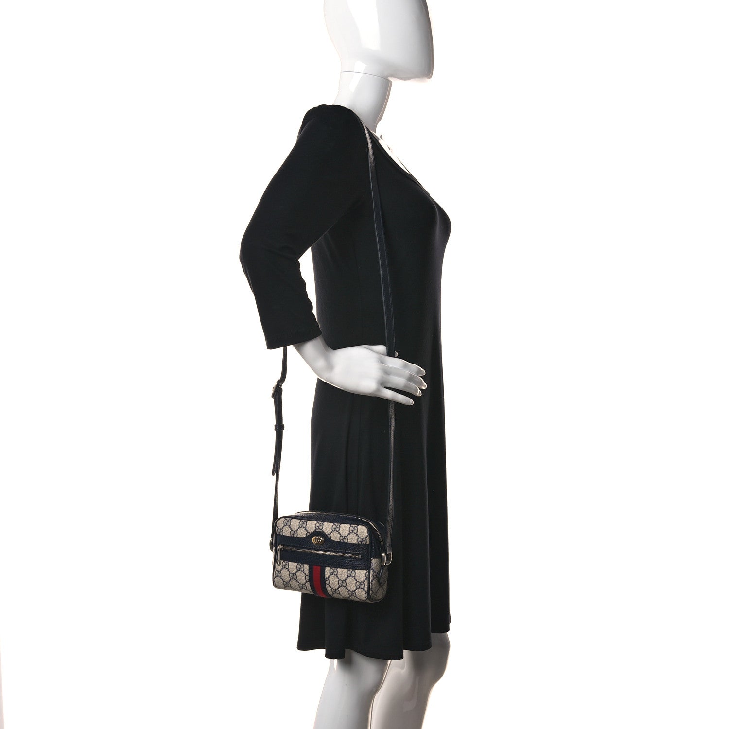 Gucci GG Supreme Monogram Textured Dollar Calfskin Web Mini Ophidia Shoulder Bag Beige Blue 2 of 8