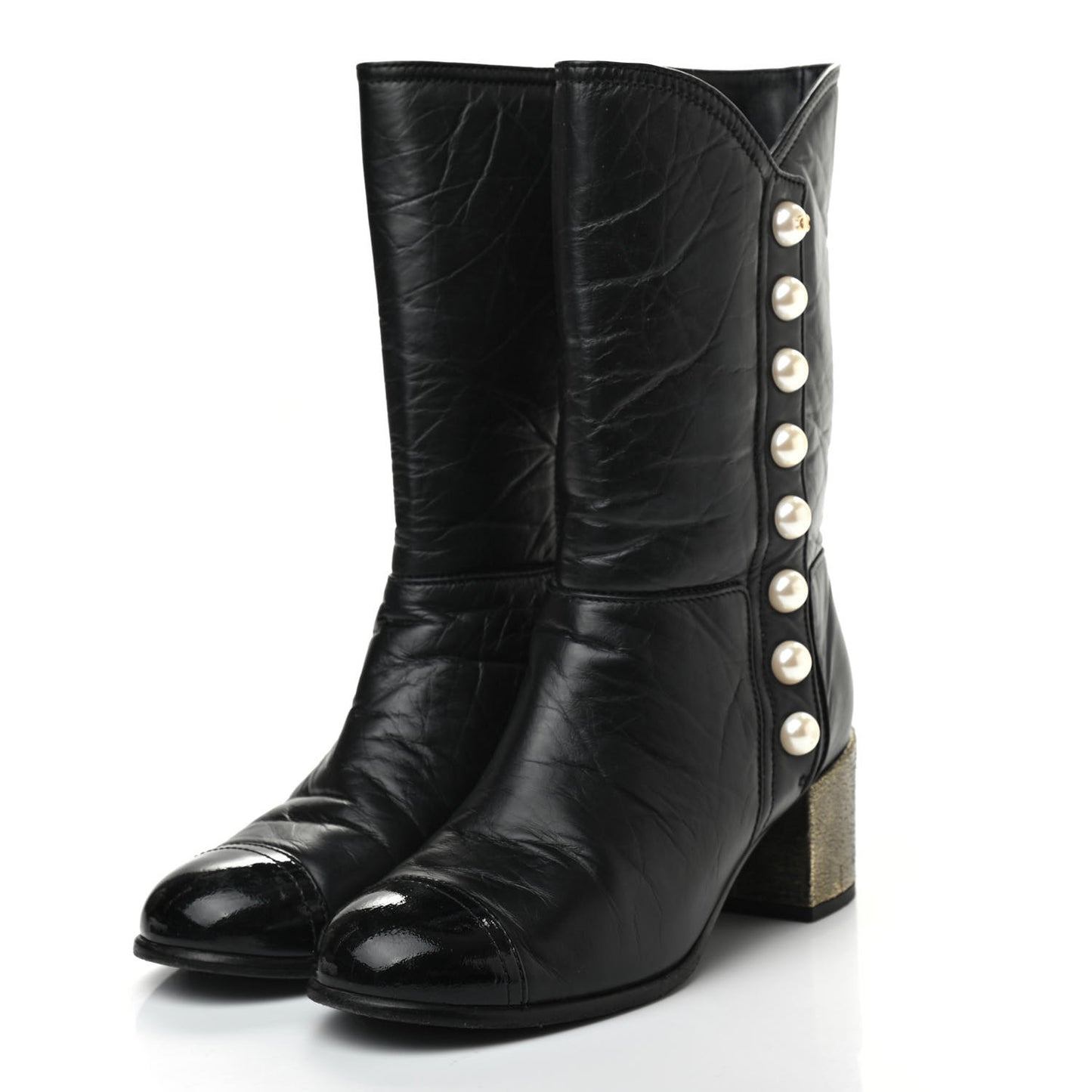 Calfskin Patent Pearl Cap Toe Boots 37 Black
