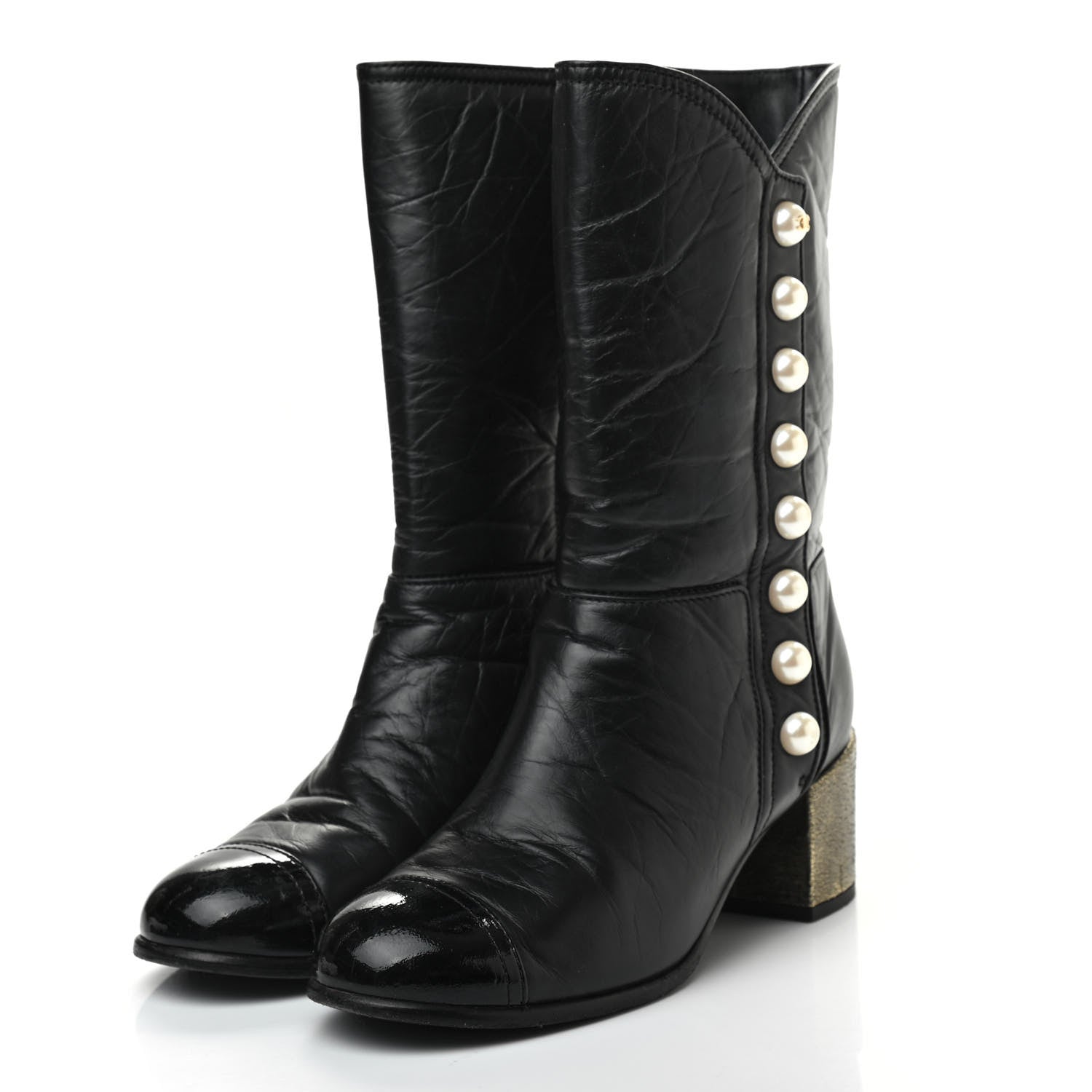 Chanel Calfskin Patent Pearl Cap Toe Boots 37 Black 3 of 10