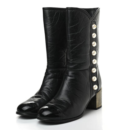 Chanel Calfskin Patent Pearl Cap Toe Boots 37 Black 3 of 10