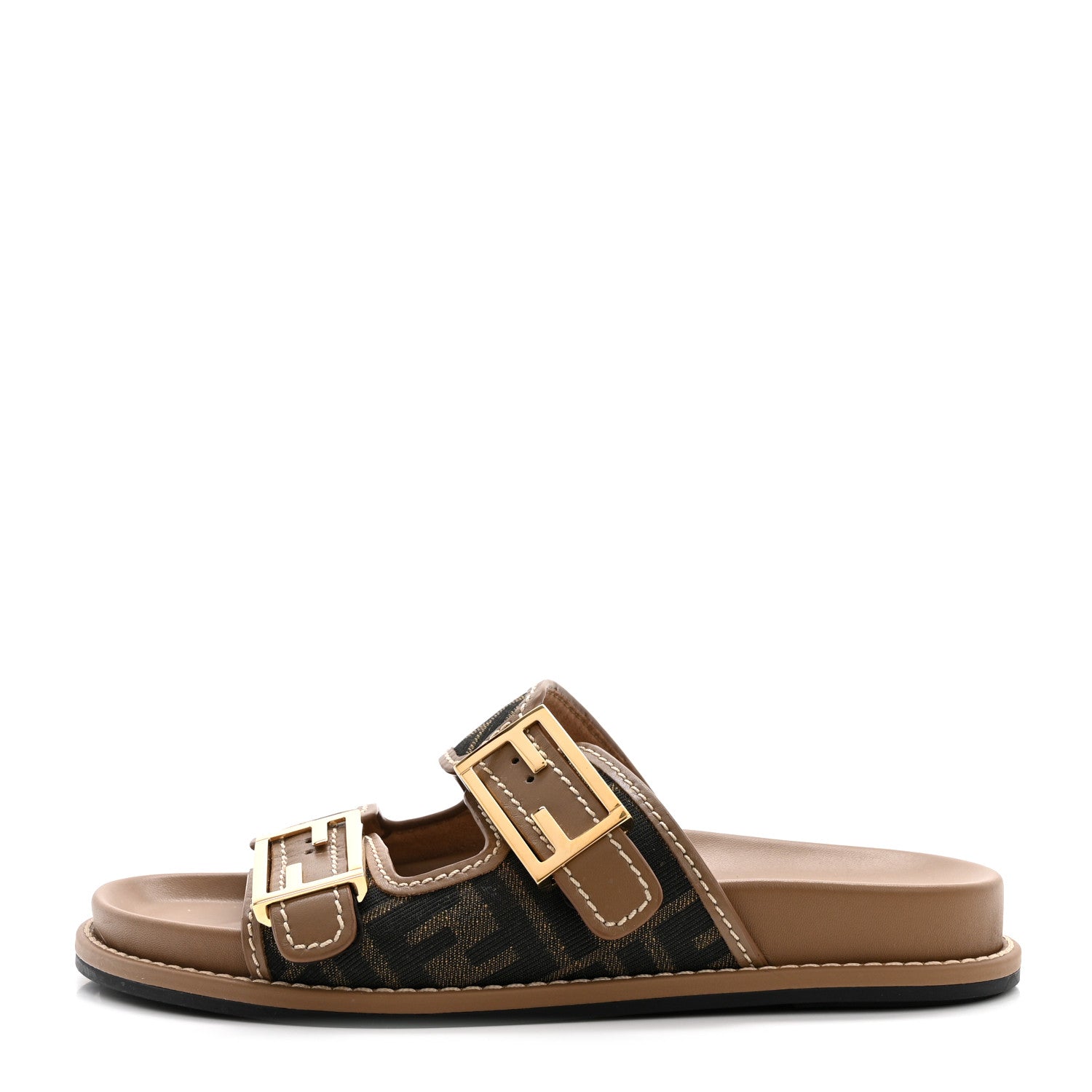 Fendi Fabric Jacquard Nappa FF Womens Fendi Feel Buckled Slide Sandals 37.5 Tobacco Black Miele Scuro 1 of 7