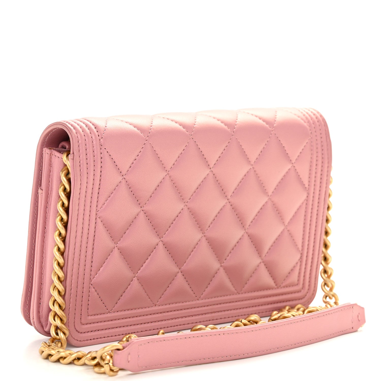 Chanel Metallic Lambskin Quilted Boy Wallet On Chain WOC Pink 3 of 12