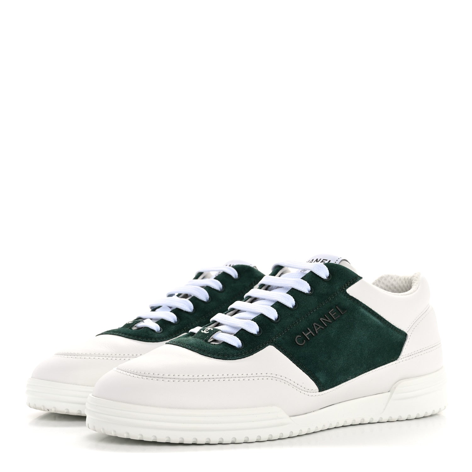 Chanel Calfskin Suede Calfskin Logo Womens Sneakers 38.5 White Dark Green 4 of 11