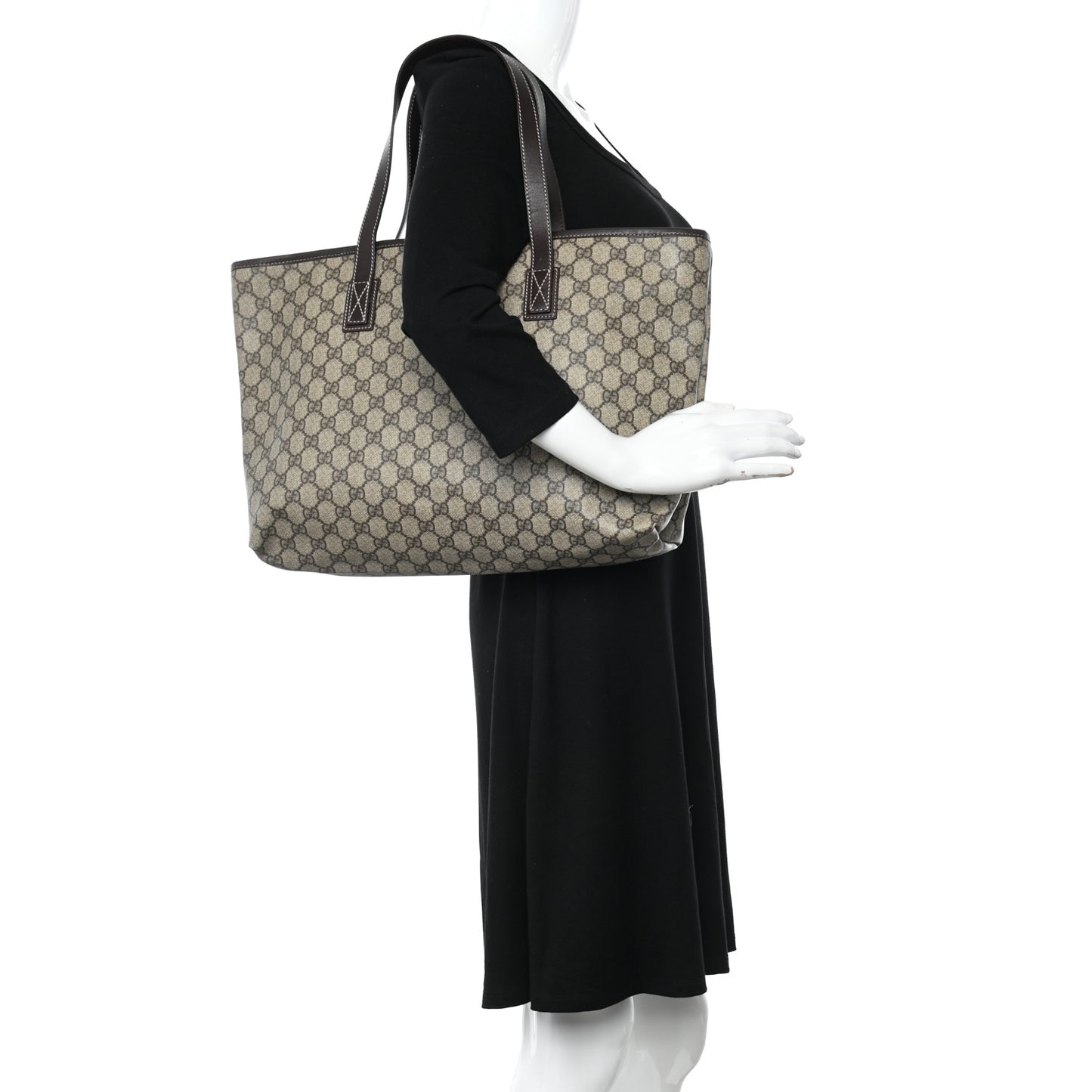 GG Supreme Monogram Medium Zippered Shopping Tote Dark Brown