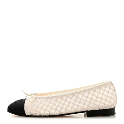 Chanel Embroidered Grosgrain Cap Toe Ballerina Flats 37.5 White Black 1 of 9