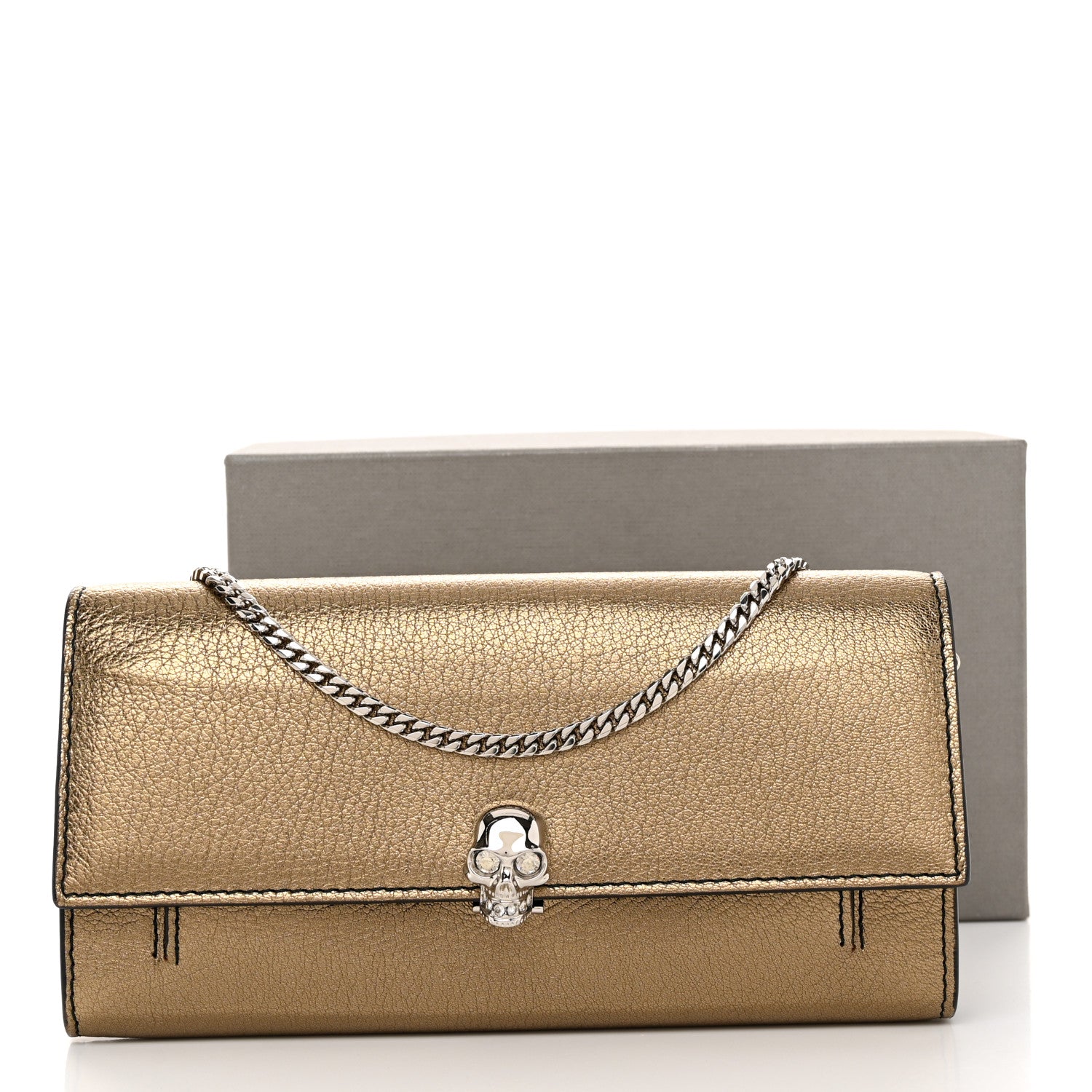 Alexander McQueen Metallic Pebbled Calfskin Skull Wallet on Chain Gold 10 of 10