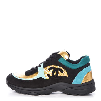 Chanel Fabric Suede Calfskin Sneakers 41 Black Turquoise Gold 1 of 8