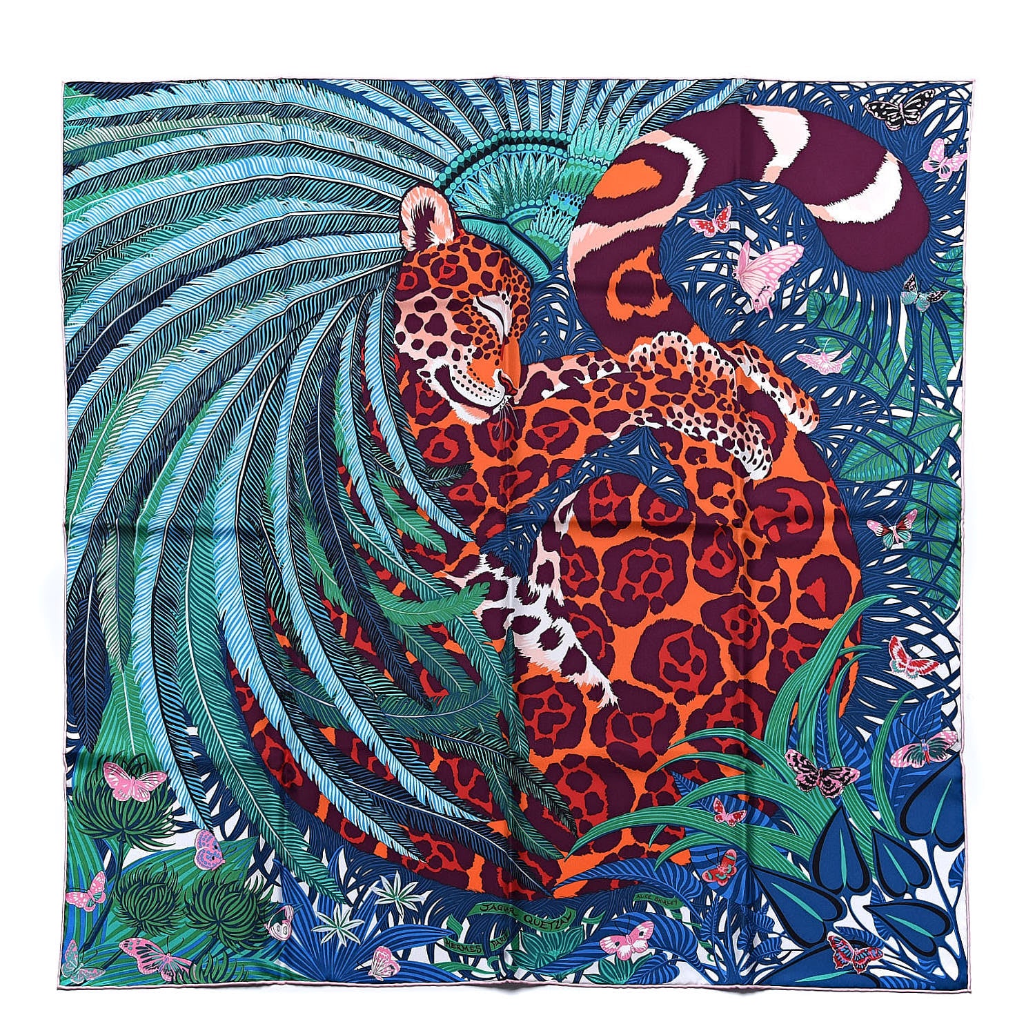 Hermes Silk Jaguar Quetzal Scarf 90 Turquoise Orange Vert 1 of 6