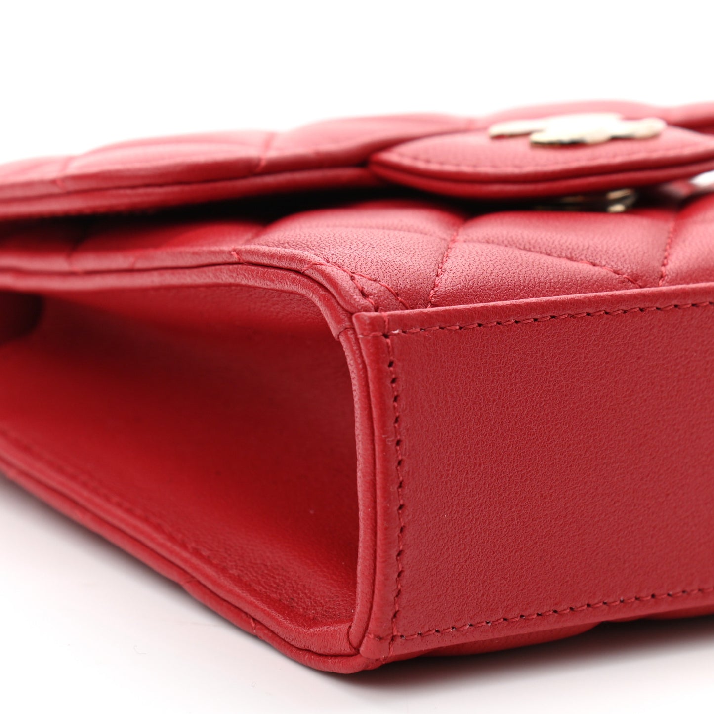 Lambskin Quilted Top Handle Flap Clutch With Chain Red