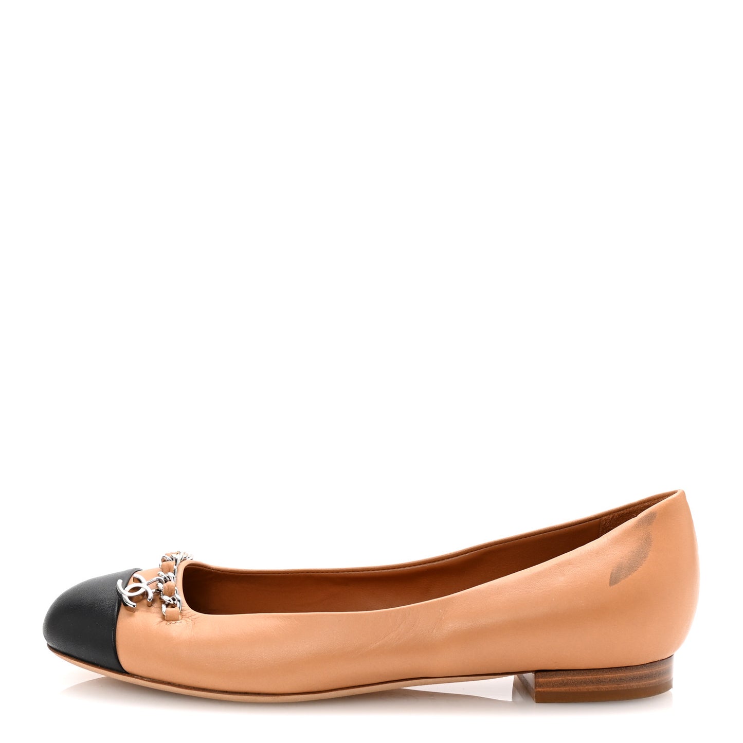 Lambskin Cap Toe Chain Ballerina Flats 37.5 Beige Black