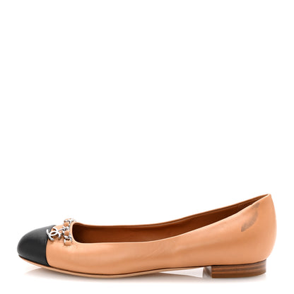 Chanel Lambskin Cap Toe Chain Ballerina Flats 37.5 Beige Black 1 of 10
