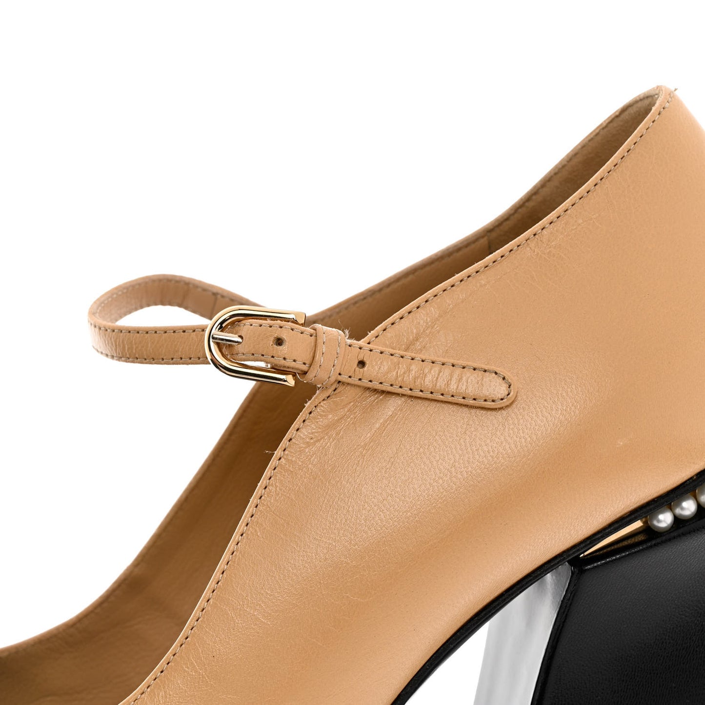 Shiny Goatskin Pearls Cap Toe Open Slingback Pumps 40 Beige Black
