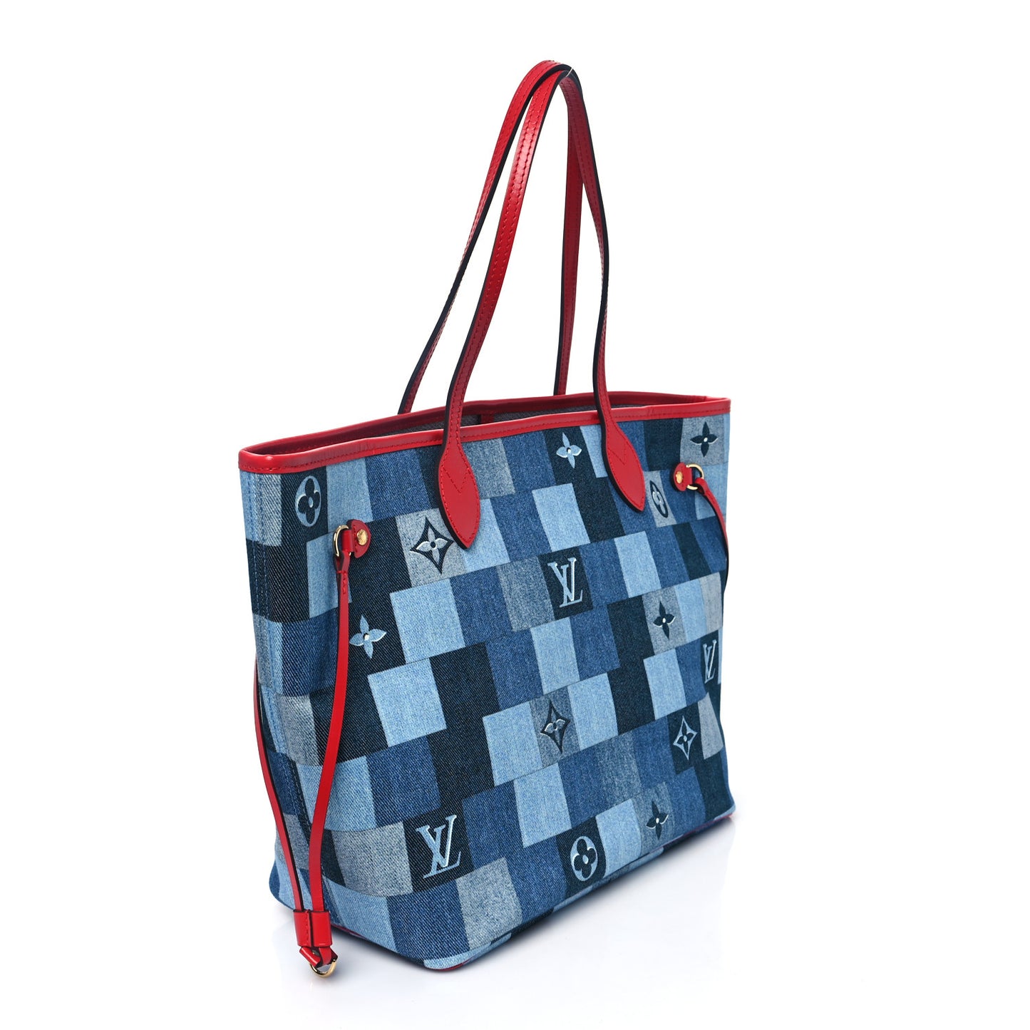Denim Damier Monogram Patchwork Neverfull Blue Rouge