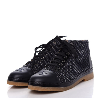 Chanel Tweed Calfskin Patent CC Lace Up Short Boots 38.5 Black Grey Dark Navy 3 of 11