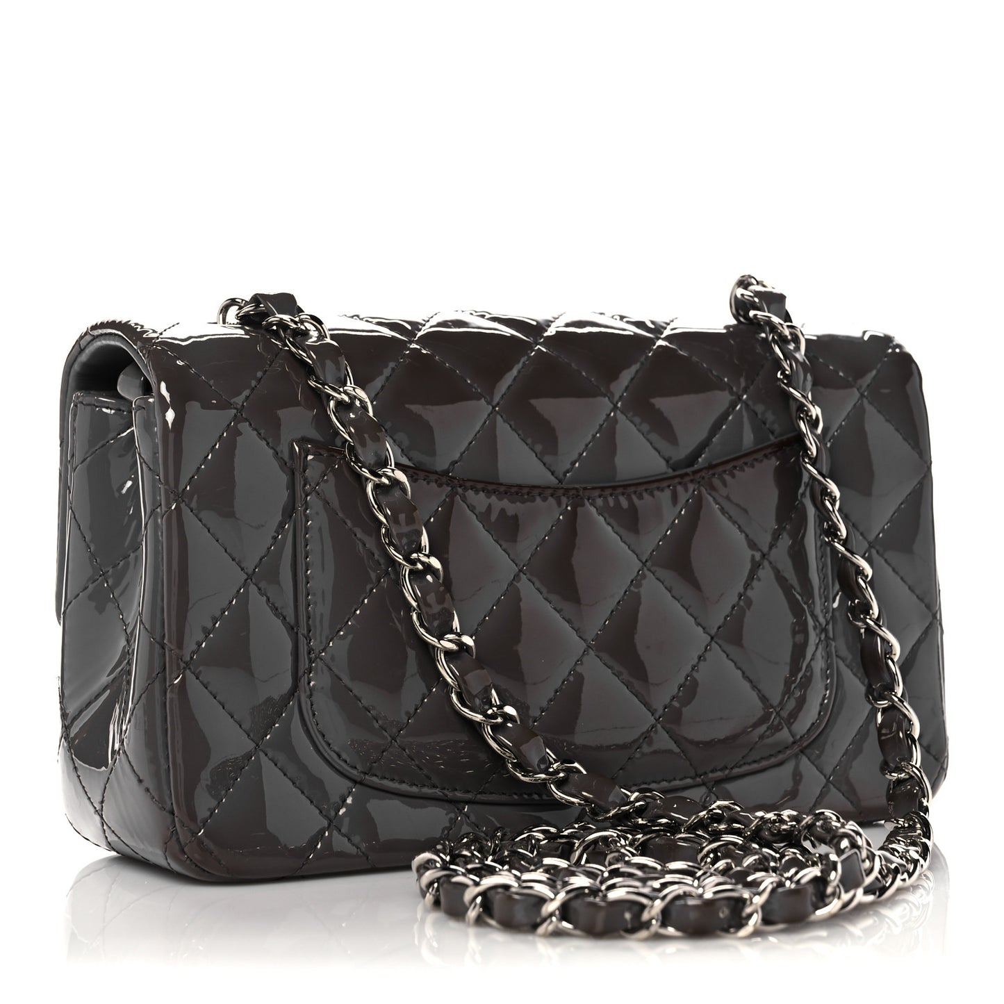 Patent Calfskin Quilted Mini Rectangular Flap Grey