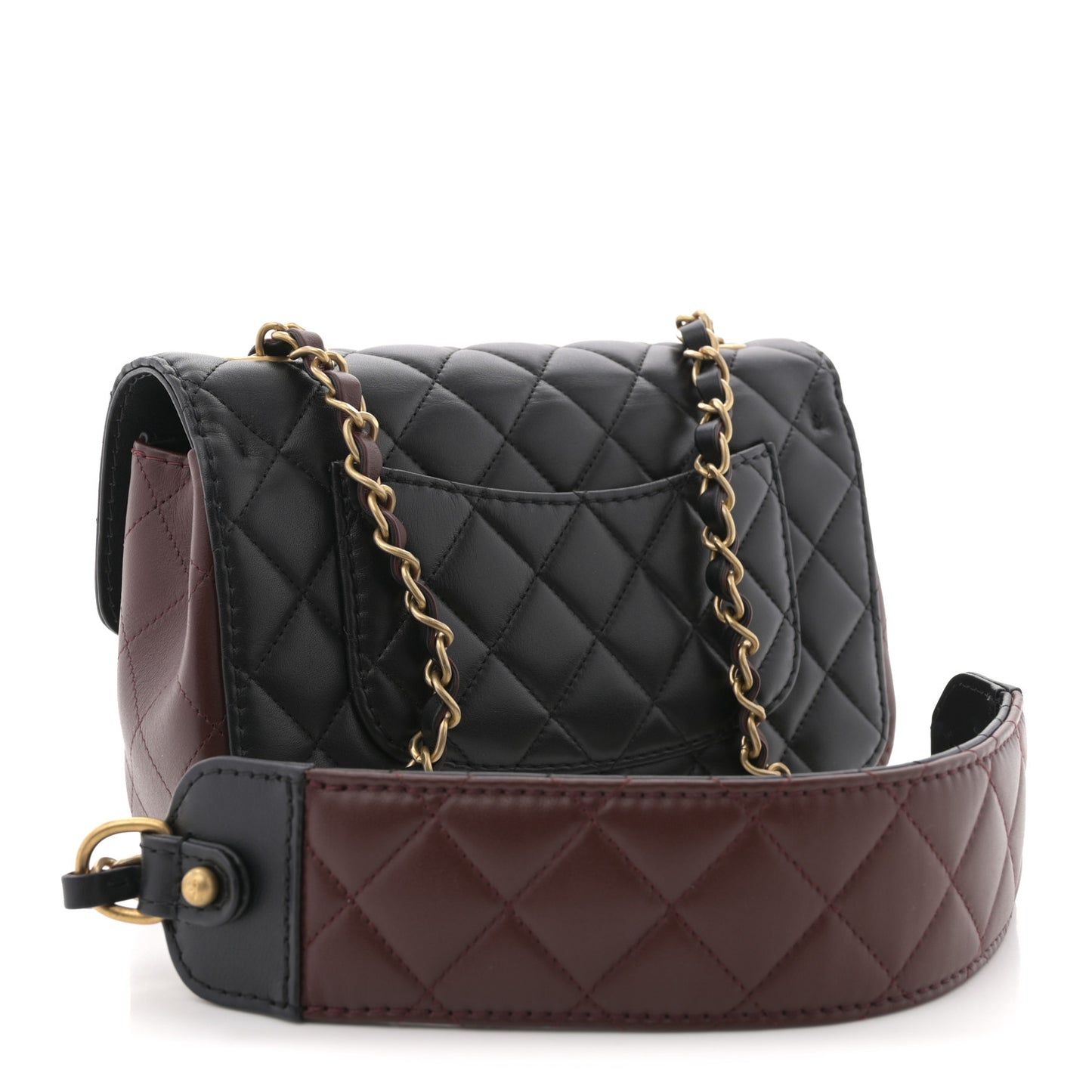 Calfskin Quilted Small Strap Into Flap Bag Black Burgundy