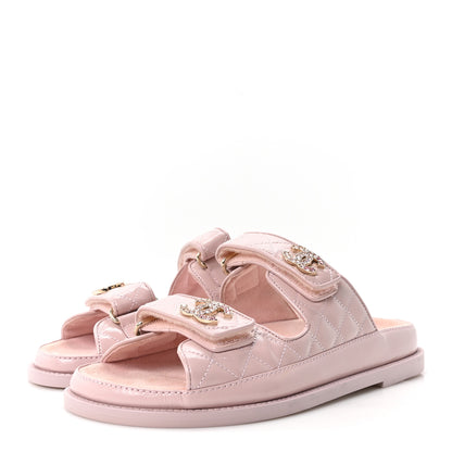 Chanel Shiny Calfskin Quilted Velcro Dad Crystal CC Slide Sandals 37.5 Light Pink 4 of 10